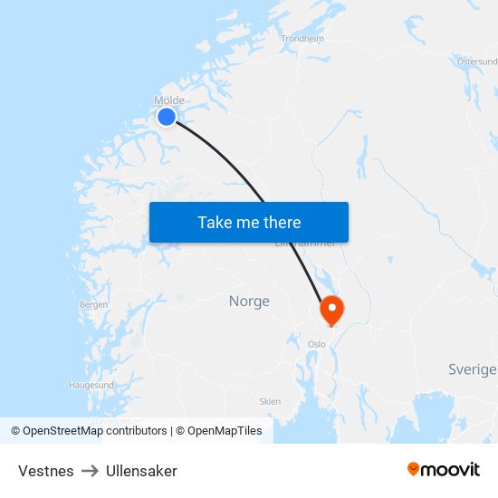 Vestnes to Ullensaker map