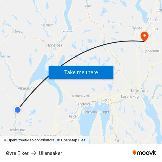 Øvre Eiker to Ullensaker map
