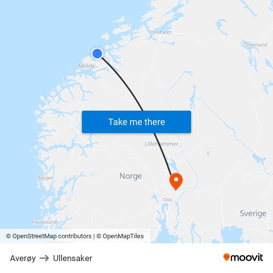 Averøy to Ullensaker map