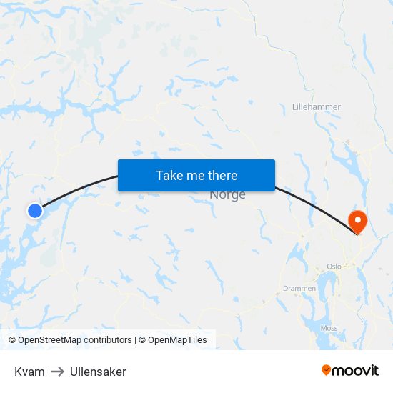 Kvam to Ullensaker map