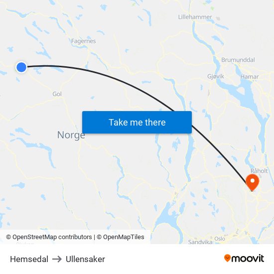 Hemsedal to Ullensaker map