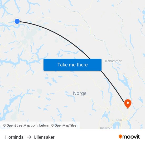 Hornindal to Ullensaker map