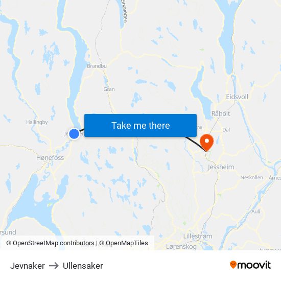 Jevnaker to Ullensaker map