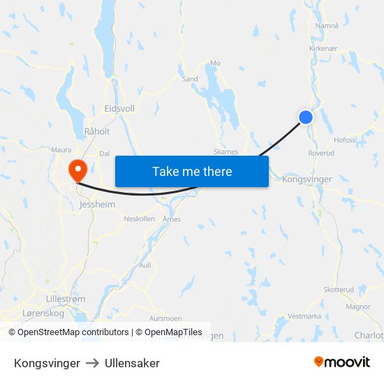 Kongsvinger to Ullensaker map