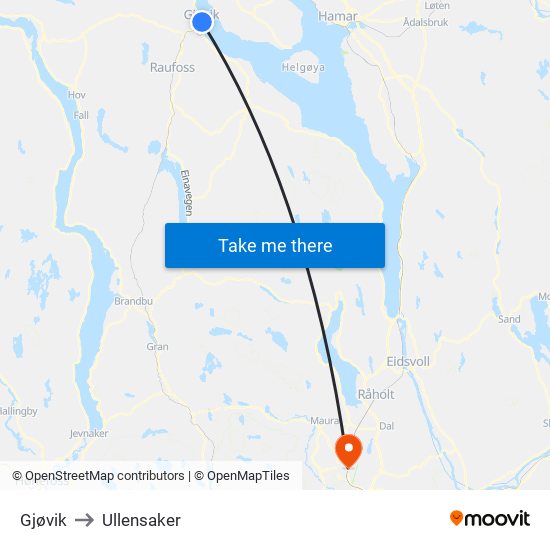 Gjøvik to Ullensaker map