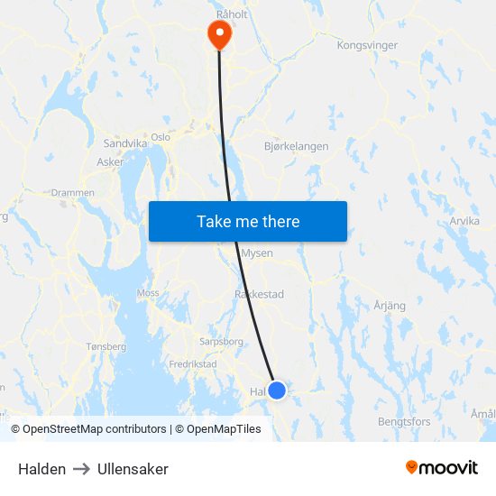 Halden to Ullensaker map