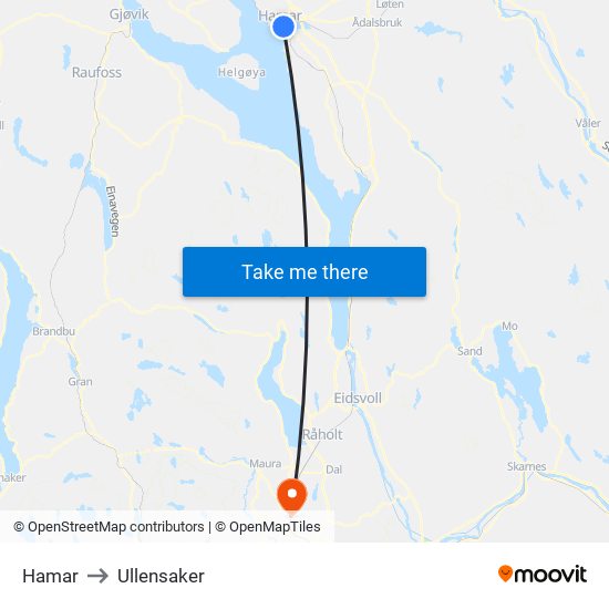 Hamar to Ullensaker map