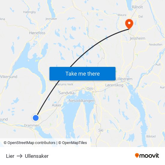 Lier to Ullensaker map