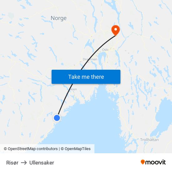 Risør to Ullensaker map