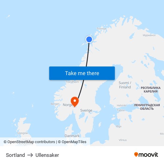 Sortland to Ullensaker map