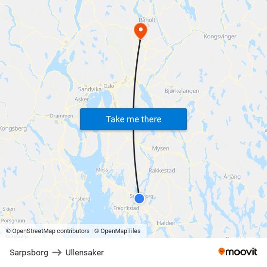 Sarpsborg to Ullensaker map