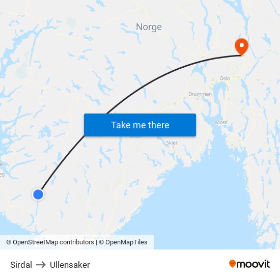 Sirdal to Ullensaker map