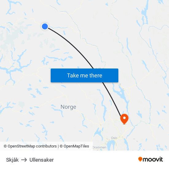 Skjåk to Ullensaker map