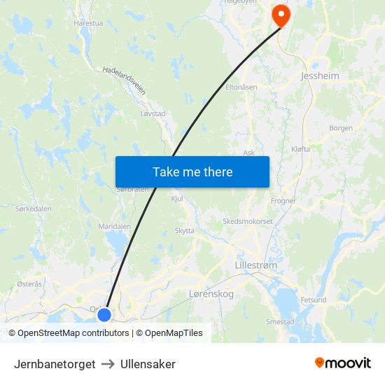 Jernbanetorget to Ullensaker map