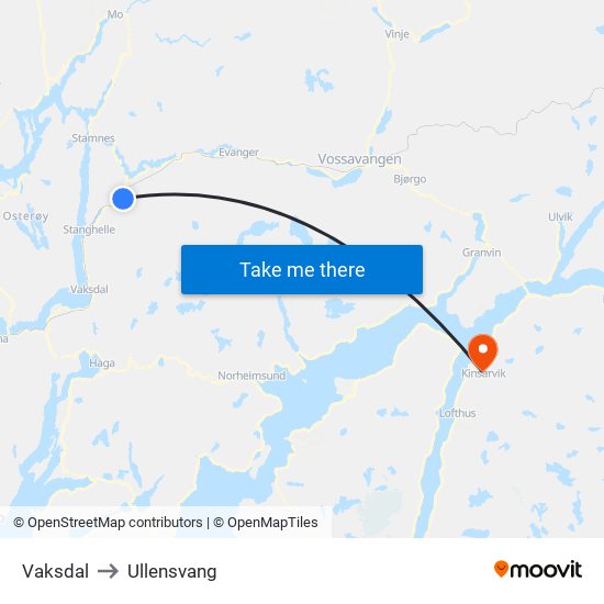 Vaksdal to Ullensvang map