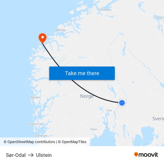 Sør-Odal to Ulstein map