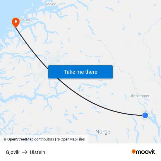 Gjøvik to Ulstein map