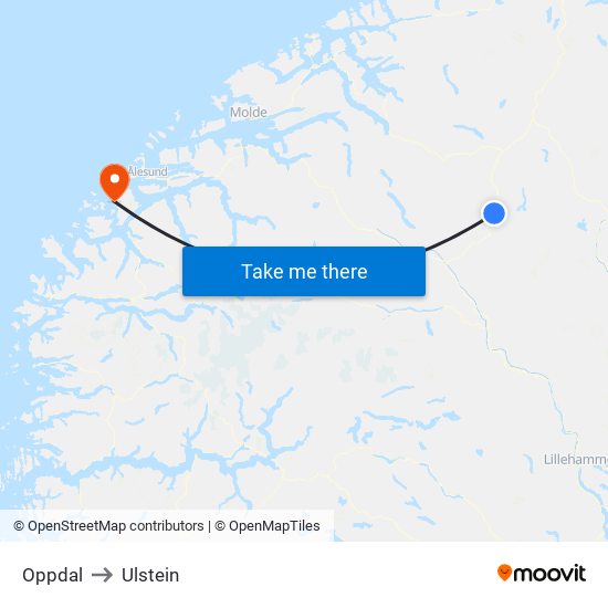 Oppdal to Ulstein map