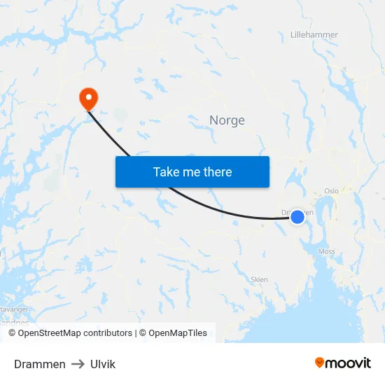 Drammen to Ulvik map