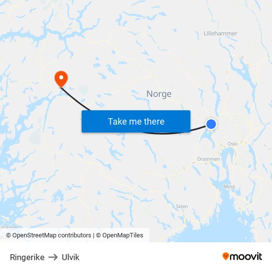 Ringerike to Ulvik map