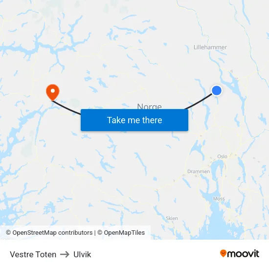 Vestre Toten to Ulvik map