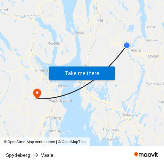 Spydeberg to Vaale map