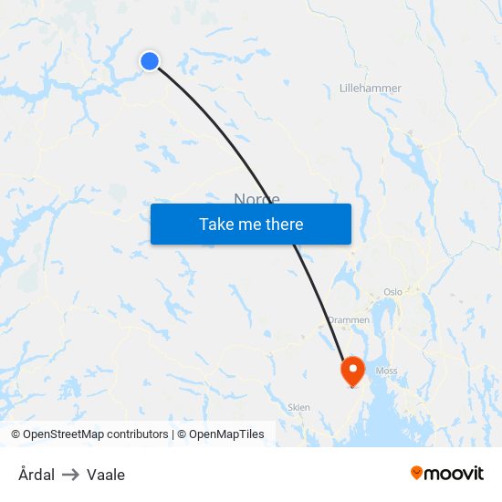 Årdal to Vaale map