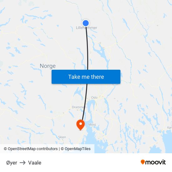 Øyer to Vaale map