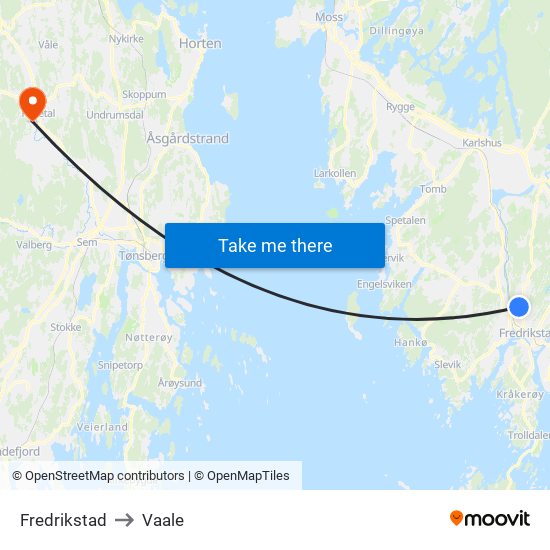 Fredrikstad to Vaale map