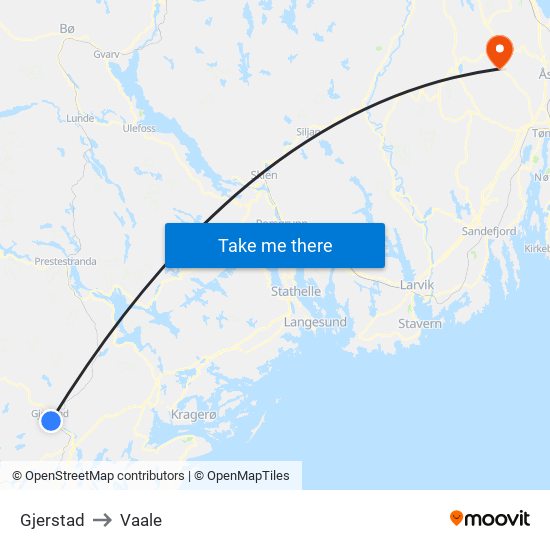 Gjerstad to Vaale map