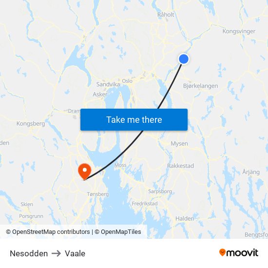 Nesodden to Vaale map