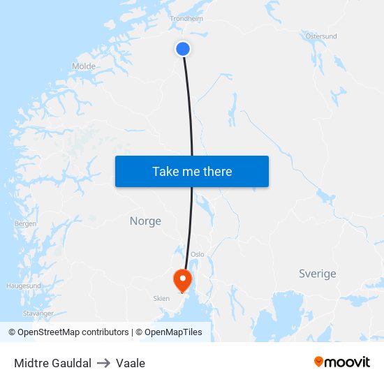 Midtre Gauldal to Vaale map