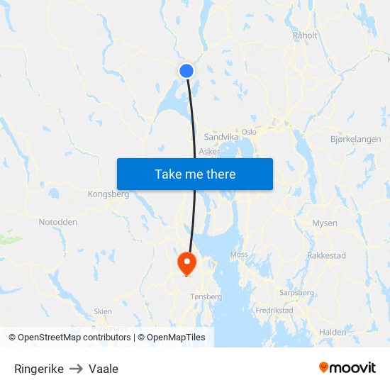 Ringerike to Vaale map