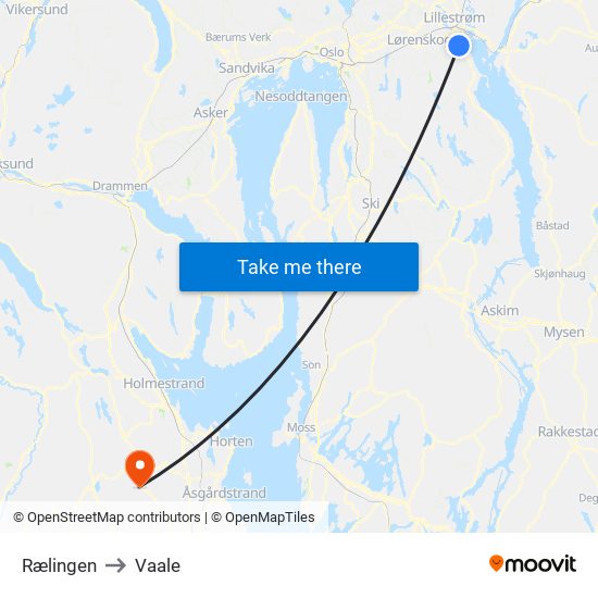 Rælingen to Vaale map