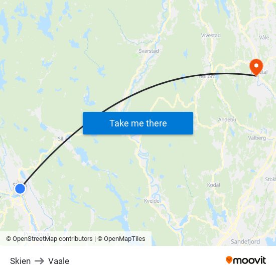 Skien to Vaale map