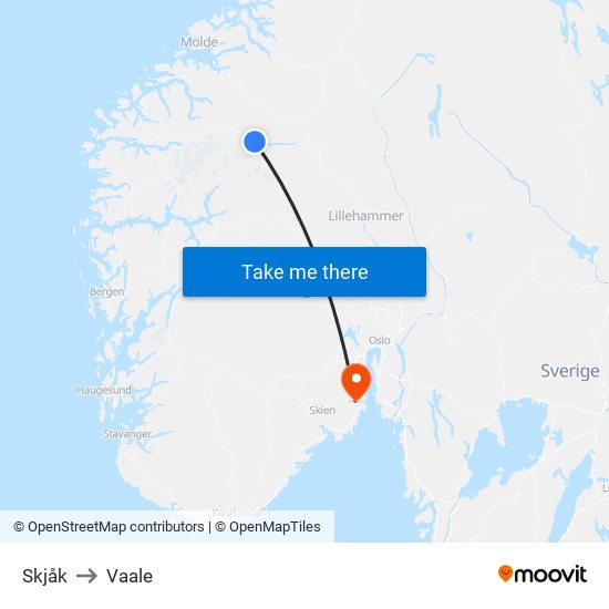 Skjåk to Vaale map