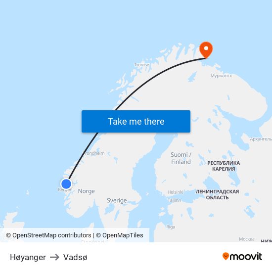 Høyanger to Vadsø map