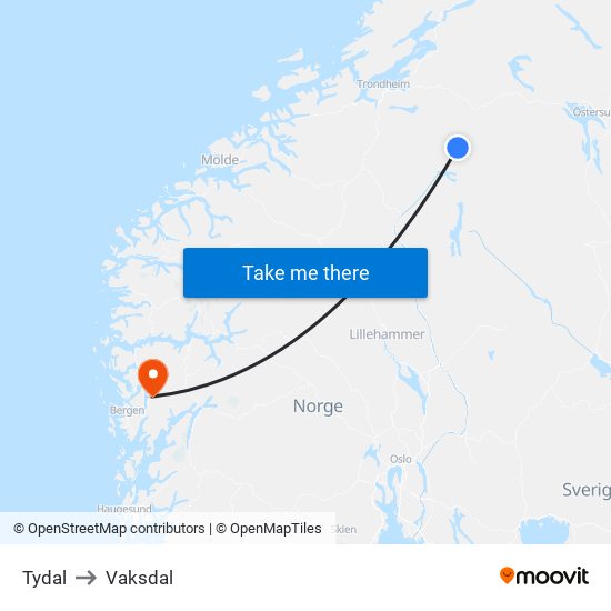 Tydal to Vaksdal map