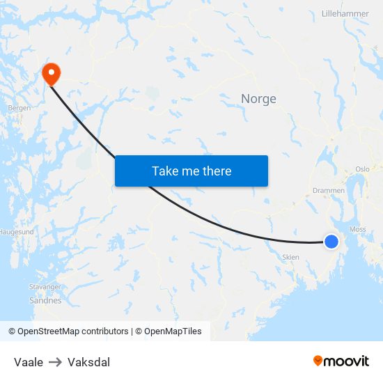 Vaale to Vaksdal map