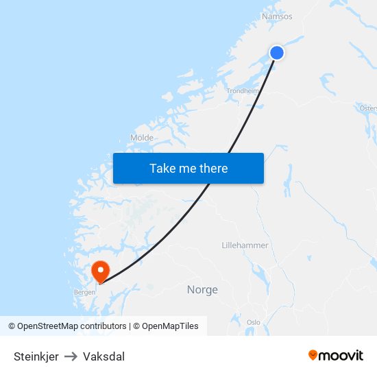 Steinkjer to Vaksdal map