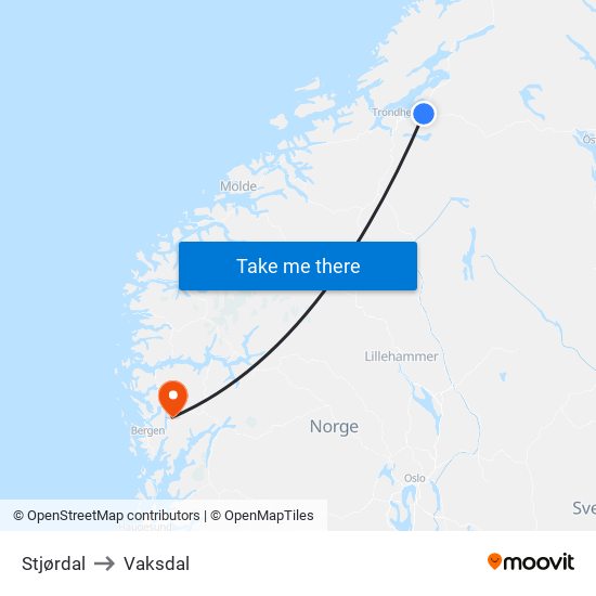 Stjørdal to Vaksdal map