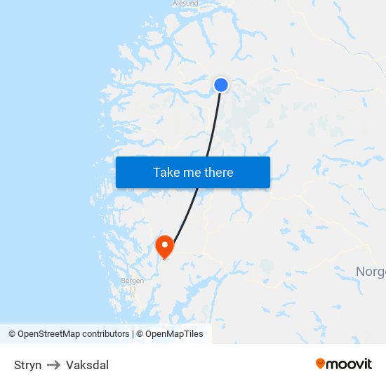 Stryn to Vaksdal map