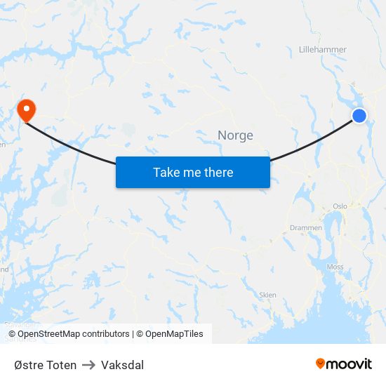 Østre Toten to Vaksdal map