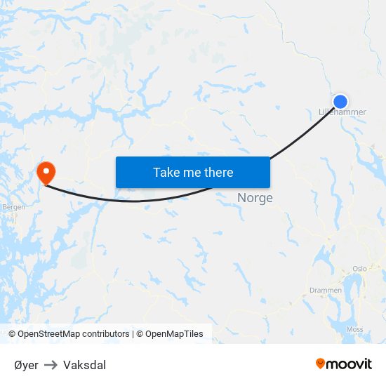 Øyer to Vaksdal map