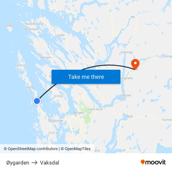 Øygarden to Vaksdal map