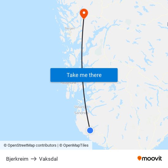 Bjerkreim to Vaksdal map