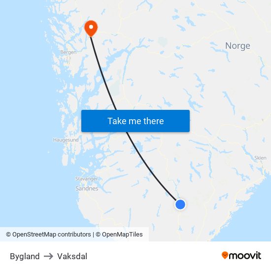 Bygland to Vaksdal map