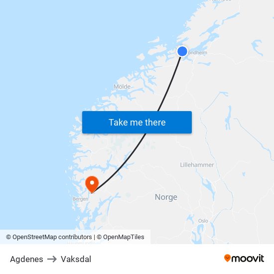Agdenes to Vaksdal map