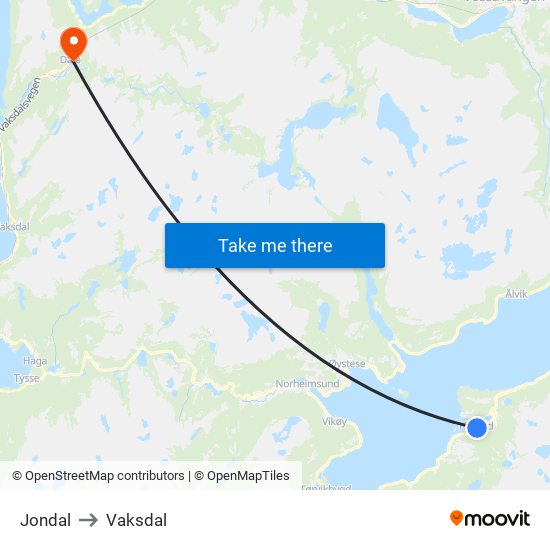 Jondal to Vaksdal map