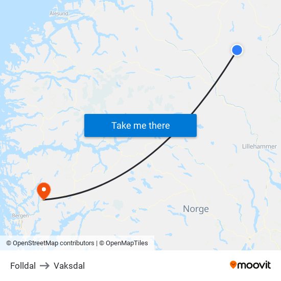 Folldal to Vaksdal map